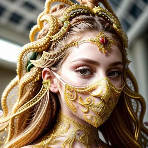 <lora:weird future fashion_v4:1> extreme close up shot, adult supermodel with detailed long golden curly flowy hair, wearing golden ((translucent and intricately embroidered) nose ring jewellery, wearing intricate barbed headress, (([fishnet mesh mask cloth covering face, fractal mouth gag:detailed lips:0.4]):1)), extremely detailed face, freckles, wearing colorful weird future fashion, luxurious and intricate golden accents, cinematography, intricately detailed, crafted, meticulous, magnificent, maximum details, extremely hyper aesthetic, (strong shallow depth of field, bokeh, professional photoshoot), (overcast lighting, flat even studio lighting), strong jawline sexy face, front lit, (low contrast, hdr), smoldering gaze, twinkling smiley eyes, pale green eyes, realistic skin texture, indoors