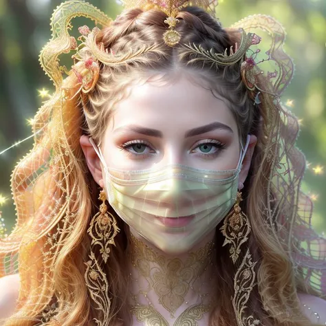 <lora:weird future fashion_v5:1> extreme close up shot, adult supermodel with detailed long golden curly flowy hair, wearing golden ((translucent and intricately embroidered) nose ring jewellery, wearing intricate barbed headress, (golden mesh covering face mask, fractal mouth gag[, solid golden mask, translucent, mesh ,crystalline golden lips:7])), extremely detailed face, freckles, wearing colorful weird future fashion, luxurious and intricate golden accents, cinematography, intricately detailed, crafted, meticulous, magnificent, maximum details, extremely hyper aesthetic, (strong shallow depth of field, bokeh, professional photoshoot), (overcast lighting, flat even studio lighting), sexy face, front lit, (low contrast, hdr), (smoldering gaze), twinkling smiley eyes, pale green eyes, realistic skin texture