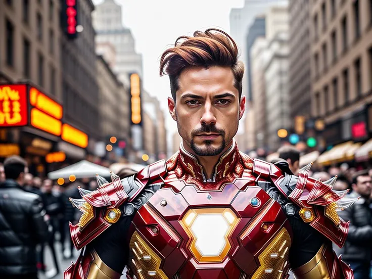close up, one man wearing an immaculately detailed [red|golden] weird future fashion transparent plastic intricate iron man armor with golden color accents, golden exposed circuitry and embroidery, head visible, with detailed side shaved long punk hairstyle, smirking, extremely detailed face, brown eyes, standing next to a crowded new york city street parade celebration, <lora:weird future fashion_v5:1>, cinematic photography, low contrast, overcast, hdr, raw photograph