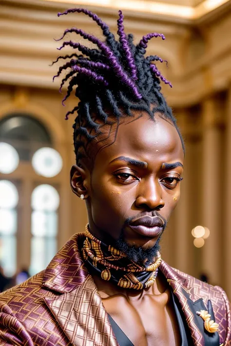 <lora:weird future fashion_v5:1> RAW extreme face close up portrait of a young african man, [golden eyes:1], wearing a velvet weird future fashion opalescent tuxedo with a lapel rose, crystal tipped short dreads hairstyle, solid gold neck brace, professional photography, in an empty opulent palatial grand train station, indoor lighting, high resolution, 4k, 50mm, photo by Brooke Shaden, close up shot