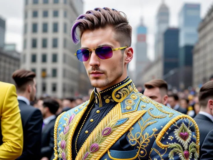close up, one handsome man wearing an immaculately detailed [red|navy|yellow|blue|bright green|golden] weird future fashion plastic tailored suit, with intricate embroidered accents, weird future fashion sunglasses, with detailed [long|short] punk hairstyle, smirking, extremely detailed face, standing at a crowded city parade celebration, <lora:weird future fashion_v5:1>, detailed hair, realistic skin texture, cinematic photography, low contrast, overcast, (hdr, raw photograph)