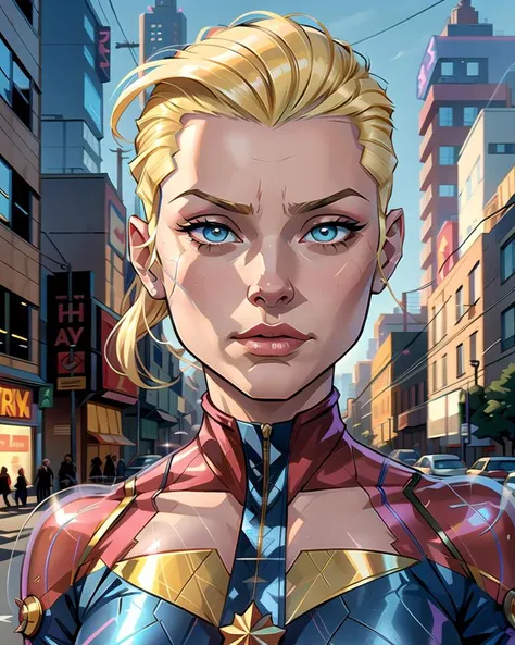 closeup, captain marvel, ((detailed eyes and face)), blond hairstyle with shaved sides, street, background clutter garbage, daytime, shiny clean plastic weird future fashion, comic book style, intricate outlines <lora:weird future fashion_v5:1>