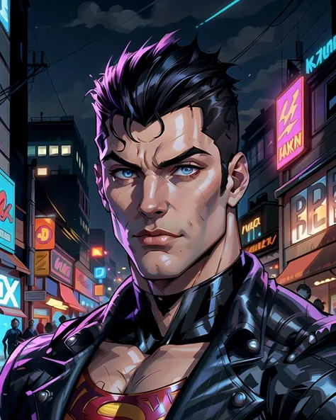 close up of superman, ((detailed eyes and face)), handsome, black hairstyle with shaved sides, [red|blue] jacket, street, background clutter garbage, (daytime), harsh lighting, brightly lit, weird future fashion, comic book style <lora:weird future fashion_v5:1>