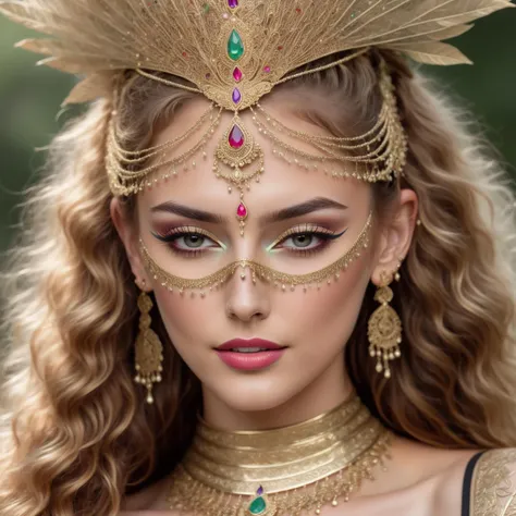 <lora:weird future fashion_v5:1> close up shot, adult supermodel, woman with detailed long golden curly flowy hair, wearing golden ((translucent and intricately embroidered) nose ring jewellery, eyeliner, wearing intricate barbed headdress, ((mask covering mouth))), extremely detailed face, freckles, wearing colorful weird future fashion, luxurious and intricate golden accents, cinematography, intricately detailed, maximum details, extremely hyper aesthetic, (strong depth of field, bokeh, professional photoshoot), (overcast lighting, flat even studio lighting), outdoors, strong jawline sexy face, front lit, (hdr), (smoldering gaze), twinkling smiley eyes, [pale green eyes:0.5], realistic skin texture