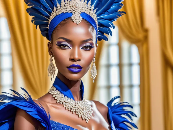 raw photography, (extreme close up shot) of african supermodel wearing an immaculately detailed bright [navy|yellow|blue|green with intricate golden embroidered] flowing tailored gown and feathery headdress, with detailed hair, extremely detailed face, standing in a luxurous palatial ballroom, <lora:weird future fashion_v5_xl:1>, cinematic photography, indoors, low contrast, well lit, overcast, hdr