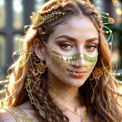 <lora:weird future fashion_v5:1> extreme close up shot, adult supermodel with detailed long golden curly flowy hair, wearing golden ((translucent and intricately embroidered) nose ring jewellery, wearing intricate barbed headress, (([fishnet mesh gold thread mask slik covering face, fractal mouth gag:detailed lips:0.7]):1.05)), extremely detailed face, freckles, wearing colorful weird future fashion, luxurious and intricate golden accents, cinematography, intricately detailed, crafted, meticulous, magnificent, maximum details, extremely hyper aesthetic, (strong shallow depth of field, bokeh, professional photoshoot), (overcast lighting, flat even studio lighting), strong jawline sexy face, front lit, (low contrast, hdr), (smoldering gaze), twinkling smiley eyes, pale green eyes, realistic skin texture