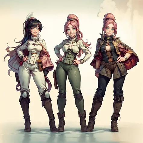 highres, masterpiece, perfect lighting, bloom, night, dark, cinematic lighting, adult, female, looking at viewer, wide shot, (white background:1), (RSEEmma:1.5), steampunkai, 1girl, (MoreOutfits:1.5), (clothes variation, multiple views:1), (3views), full body, cute pose, (dynamic_pose:1.2), <lora:RSERomantic_RSESofiko_RSEEmma-v1:0.3>, <lora:breastinClass:0.2> vivid green eyes, thick eyebrows, freckles, bangs, black hair:pink hair, long flowing hair, ponytail, :), smile, <lora:MoreOutFits_Concept:0.8> <lora:more_details:0.3>, <lyco:SteamPunkBundleV3:0.6>