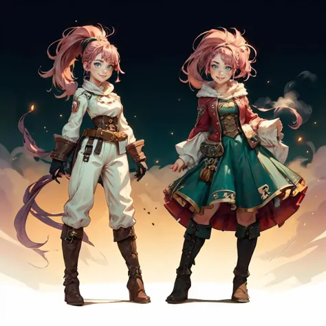highres, masterpiece, perfect lighting, bloom, night, dark, cinematic lighting, adult, female, looking at viewer, wide shot, (white background:1), (RSEEmma:1.5), steampunkai, 1girl, (MoreOutfits:1.5), (clothes variation, multiple views:1), (3views), full body, cute pose, (dynamic_pose:1.2), <lora:RSERomantic_RSESofiko_RSEEmma-v1:0.3>, <lora:breastinClass:0.2> vivid green eyes, thick eyebrows, freckles, bangs, black hair:pink hair, long flowing hair, ponytail, :), smile, <lora:MoreOutFits_Concept:0.8> <lora:more_details:0.3>, <lyco:SteamPunkBundleV3:0.6>