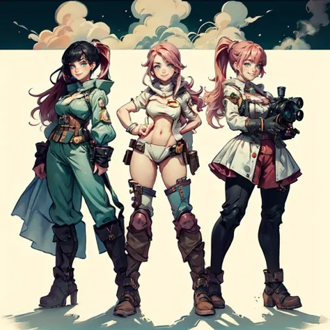 highres, masterpiece, perfect lighting, bloom, night, dark, cinematic lighting, adult, female, looking at viewer, wide shot, (white background:1), (RSEEmma:1.5), steampunkai, 1girl, (MoreOutfits:1.5), (clothes variation, multiple views:1), (3views), full body, cute pose, (dynamic_pose:1.2), <lora:RSERomantic_RSESofiko_RSEEmma-v1:0.3>, <lora:breastinClass:0.2> vivid green eyes, thick eyebrows, freckles, bangs, black hair:pink hair, long flowing hair, ponytail, :), smile, <lora:MoreOutFits_Concept:0.8> <lora:more_details:0.3>, <lyco:SteamPunkBundleV3:0.6>