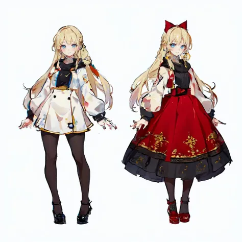masterpiece, best quality,
1girl, blue eyes, long blonde hair, french braid, bangs, medium breasts,
hair ribbon, pantyhose, patterned legwear, mary janes, <lora:MoreOutFits_Concept:0.85>, (MoreOutfits:1.5), (clothes variation, multiple views:1), (3views), full body,
looking at viewer, smile, (dynamic_pose:1.2), wide shot, (white background:1),
(masterpiece:1.2), (best quality, highest quality), (ultra detailed), (8k, 4k, intricate), detailed eyes,