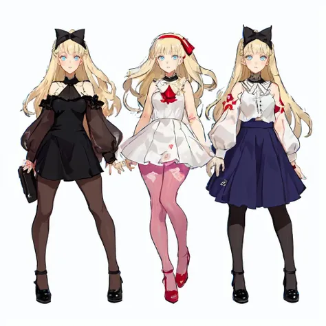 <lora:MoreOutFits_Concept:0.85>, (MoreOutfits:1.5), (clothes variation, multiple views:1), (3views), full body,
masterpiece, best quality,
1girl, blue eyes, long blonde hair, french braid, bangs, medium breasts,
hair ribbon, pantyhose, patterned legwear, mary janes,