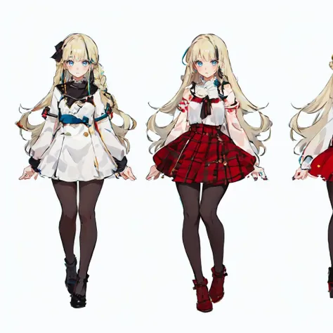 masterpiece, best quality,
1girl, blue eyes, long blonde hair, french braid, bangs, medium breasts,
hair ribbon, pantyhose, patterned legwear, mary janes, <lora:MoreOutFits_Concept:0.85>, (MoreOutfits:1.5), (clothes variation, multiple views:1), (3views), full body,