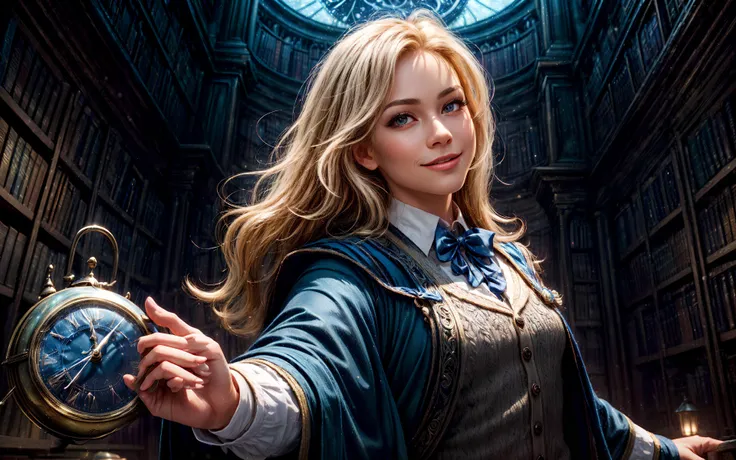 masterpiece, epic, majestic, best quality, very high resolution, 8k, hdr, digital photography, dynamic pose, toothsome 35 years old (male Bosphoran:1.2) spellsword, hazel eyes, (yellow hair, short mustache:1.1), looking at camera with a playful expression, (style-swirlmagic:0.8), looking at viewer, solo, half shot, detailed background, detailed face, (<lora:ChronomancyAI:0.5>, ChronomancyAI, chronomancy theme:1.1), hogwarts teacher, smiling, concentrating, (ravenclaw uniform:1.1), cardigan, dynamic pose, casting spell, light spell, bright light, library in background, ethereal atmosphere, moonlit night, ,, (iridescent:0.7), (transparent:0.8), (translucid:0.8), (reflection:0.6), (refraction:0.3), (diffraction:0.3), (caustics:0.3), volumetric lights, volumetric shadows, (subsurface scatering:0.4), physically based rendering, (intricate details:1.3), hyperdetailed, ultrarealistic, (sharp focus:1.2) <lora:hyperdenoiser_v090:1.5> <lora:add_detail:1.5>