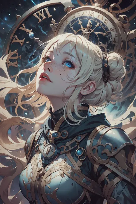 (intricate detail, beautiful:1.2), <lora:smol02:0.4>, <lora:Dreamwave v3:0.5>,
<lora:GoodHands-beta2:0.8>,
1 girl, adult (elven:0.7) woman, freckles, blue eyes, light blonde updo hairstyle,
solo, upper body, looking up, detailed background, detailed face, (<lora:ChronomancyAI:0.5>, ChronomancyAI, chronomancy theme:1.1), herald of the apocalypse, stoic expression, wearing black armor, hooded,eldritch rifts, universe , inevitable doom, eternal void consuming everything, siphon, religious prophecy , cracks in the sky in background, turbulent winds, apocalyptic atmosphere, ethereal lights,