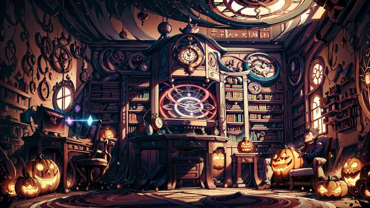 ChronomancyAI,pumpkin,(masterpiece:1.3 best quality:1.2 high quality:1.1),jack-o'-lantern,indoors,east asian architecture,realistic,computer,window,gaming chair,depth of field,bookshelf,highres,absurdres,incredibly absurdres,huge filesize,wallpaper,parody,<lora:ChronomancyAI-000010:1>,
