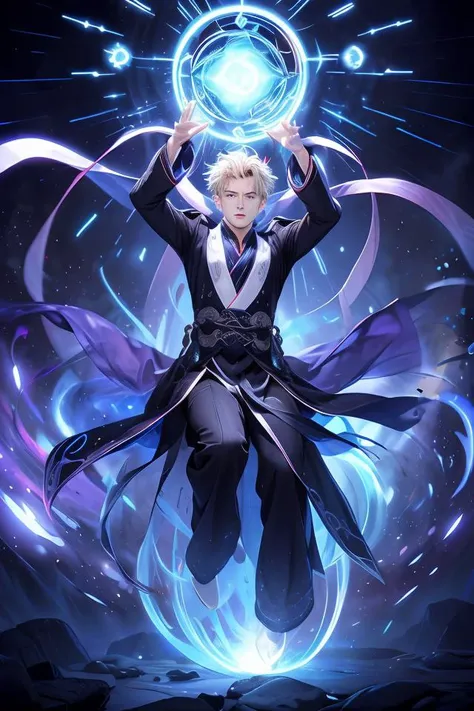 (inked original-art:1.2), (lineart:1.31), (fine-details:1.3), RAW-format, (movement:1.4), <lora:add_detail:0.5>
1boy, adult polish man, light eyes, natural blonde drill hair,hanfu,formal,<lora:hanfu_nan:0.5>
solo, (full body:0.6), looking at viewer, detailed background, detailed face, (<lora:ChronomancyAI-000010:0.5>, ChronomancyAI, chronomancy theme:1.1) (glowing eyes:1.1), illusionist, psychic powers, trance, levitation, hypnosis, psychomancy, precognition, mesmerizing, mind powers, magical purple psychic energy emanating, mysterious lighting, ethereal atmosphere,