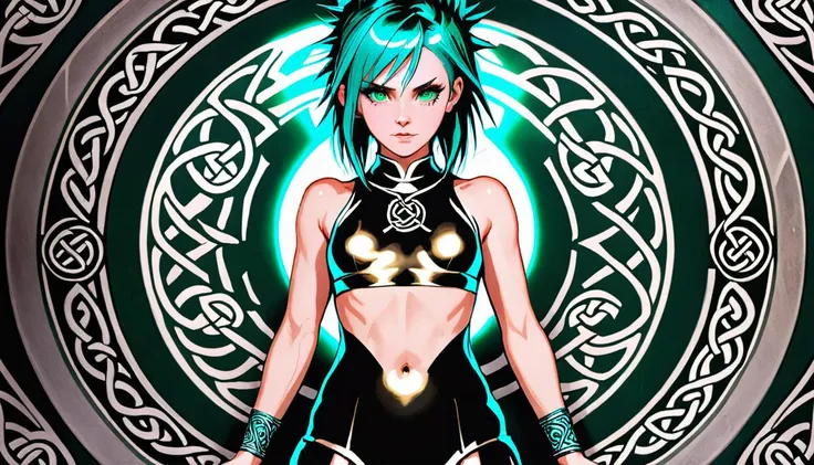 1girl, beautiful girl, Celtic Tattoos, spiky hair, metallic circle, full body