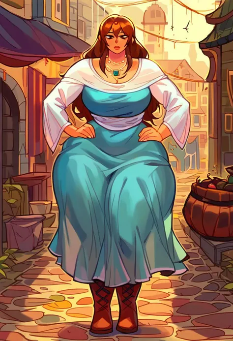score_9, score_8_up, score_7_up, score_6_up, source anime, {{tags}},
a woman in her early 20's, blue celtic dress and white celtic dress, curvy, standing, village, outdoors, thick thighs, wide hips, brown hair, long hair, necklace, hands on hips, boots, top heavy body