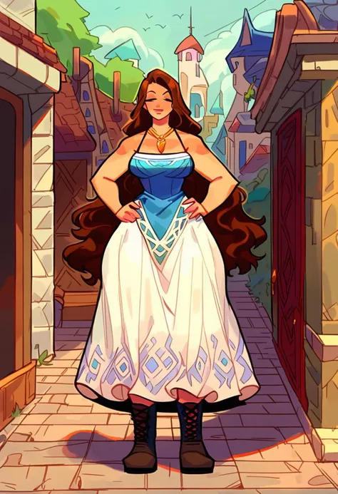 score_9, score_8_up, score_7_up, score_6_up, source anime, {{tags}}, 
a woman in her early 20's, blue celtic dress and white celtic dress, curvy, standing, village, outdoors, wide hips, brown hair, long hair, necklace, hands on hips, boots, top heavy body