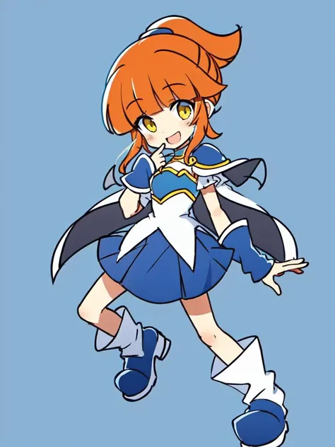 <lora:arle:0.7> arle nadja kawaii petit cute girl yellow eyes brown hair,half updo short topknot blue skirt, blue short sleeves, blue breast armor, white shirt, wrist cuffs blue capelet blue boots seductive smile style parody