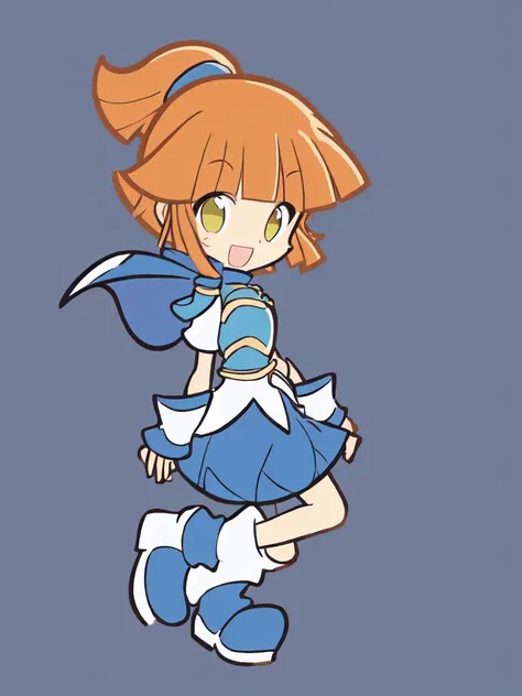 <lora:arle:0.8:ALL> kawaii arle nadja petite cute 1girl yellow eyes brown hair,half updo short topknot +++ blue skirt, blue short sleeves, blue breast armor, white shirt, wrist cuffs blue capelet blue boots +++ :D