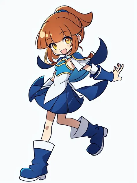 <lora:arle:0.7> arle nadja kawaii petit cute girl yellow eyes brown hair,half updo short topknot blue skirt, blue short sleeves, blue breast armor, white shirt, wrist cuffs blue capelet blue boots happy style parody