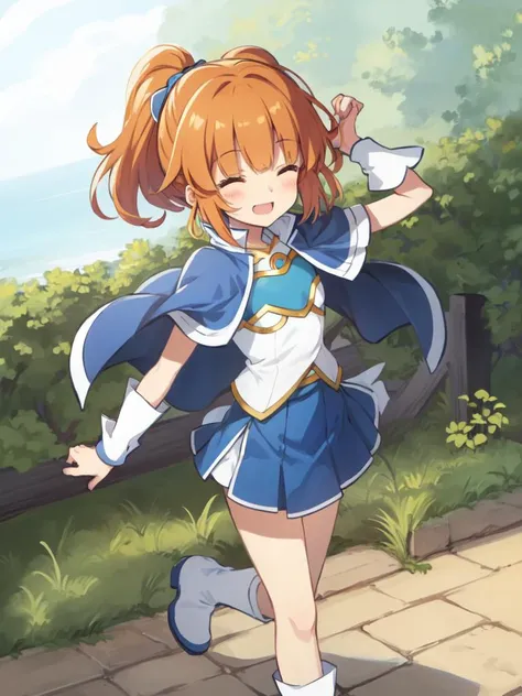 +++ extremely quality extremely detailed absurdres high resolution, contrapposto glow shine like opal animeted <lora:hipoly3DModelLora_v10:0.2:NF> hiqcgbody ++ Faint lips,UC:realistic cute anime face cinematic angle Girl at the front single focus dynamic pose, <lora:arle:0.7:NP> arle nadja kawaii petit cute girl yellow eyes brown hair,half updo short topknot +++ blue skirt, blue short sleeves, blue breast armor, white shirt, wrist cuffs blue capelet blue boots +++ closed eyes smile:1.2 style parody