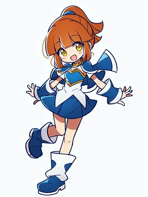 <lora:arle:0.7> arle nadja kawaii petit cute girl yellow eyes brown hair,half updo short topknot blue skirt, blue short sleeves, blue breast armor, white shirt, wrist cuffs blue capelet blue boots :> style parody