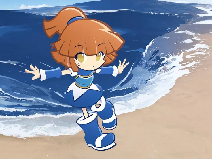 <lora:arle:0.8:ALL> kawaii arle nadja petite cute 1girl yellow eyes brown hair,half updo short topknot +++ blue skirt, blue short sleeves, blue breast armor, white shirt, wrist cuffs blue capelet blue boots +++ (squinting eyes:1.4) smile, (((((wind))))), running:1.5, wind floating hair, Sahara Desert wind outdoors, wide shot from above
