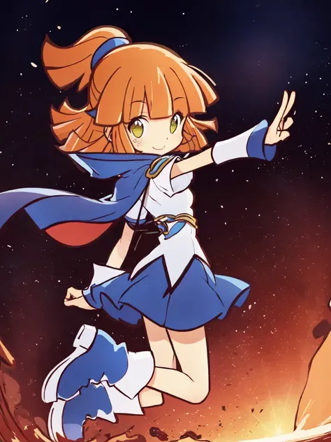 <lora:arle:0.8:ALL> kawaii arle nadja petite cute 1girl yellow eyes brown hair,half updo short topknot +++ blue skirt, blue short sleeves, blue breast armor, white shirt, wrist cuffs blue capelet blue boots +++ kind smile, +++ best quality, high detailed, anime coloring game cg contrapposto ++ Faint lips,UC:realistic cute anime face cinematic angle Girl at the front single focus dynamic pose, warm light sunset, rays light sparkles lens flare deep shadows, depth of field peerless scenery sentimental, ((jumping floating hair)) head up hands aerial , from behind
