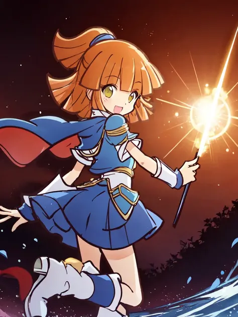<lora:arle:0.8:ALL> kawaii arle nadja petite cute 1girl yellow eyes brown hair,half updo short topknot +++ blue skirt, blue short sleeves, blue breast armor, white shirt, wrist cuffs blue capelet blue boots +++ :D, +++ best quality, high detailed, anime coloring game cg contrapposto ++ Faint lips,UC:realistic cute anime face cinematic angle Girl at the front single focus dynamic pose, warm light sunset, rays light sparkles lens flare deep shadows, depth of field peerless scenery sentimental, <lora:usoJump_v10:0.5:CT> vjump jumping floating hair , from behind