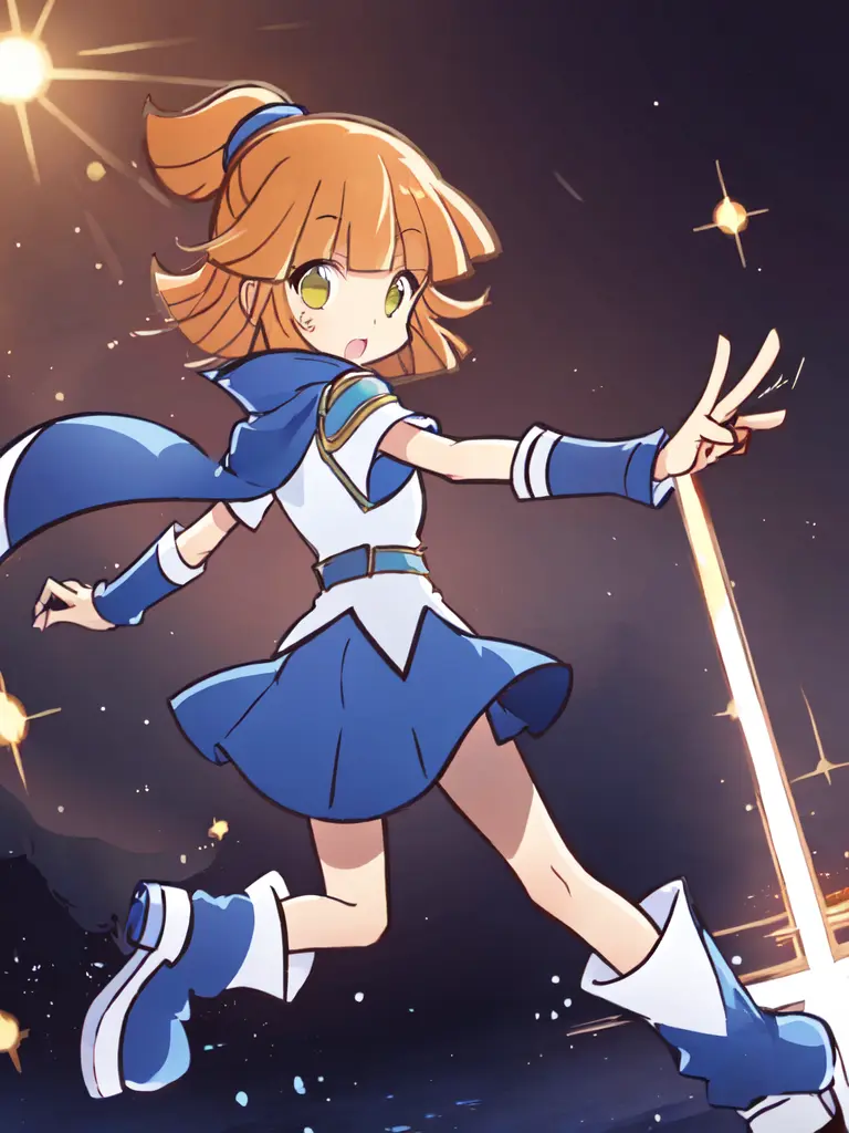 <lora:arle:0.8:ALL> kawaii arle nadja petite cute 1girl yellow eyes brown hair,half updo short topknot +++ blue skirt, blue short sleeves, blue breast armor, white shirt, wrist cuffs blue capelet blue boots +++ pupils sparkling, +++ best quality, high detailed, anime coloring game cg contrapposto ++ Faint lips,UC:realistic cute anime face cinematic angle Girl at the front single focus dynamic pose, warm light sunset, rays light sparkles lens flare deep shadows, depth of field peerless scenery sentimental, <lora:usoJump_v10:0.5:CT> vjump jumping floating hair , from behind