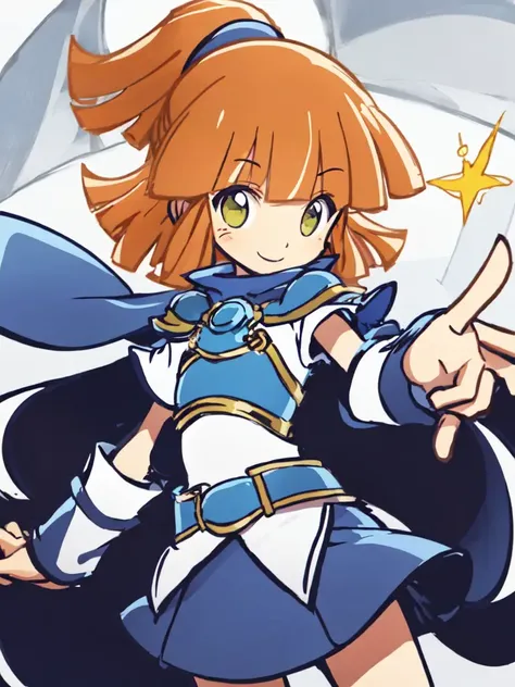 <lora:arle:0.8:ALL> kawaii arle nadja petite cute 1girl yellow eyes brown hair,half updo short topknot +++ blue skirt, blue short sleeves, blue breast armor, white shirt, wrist cuffs blue capelet blue boots +++ seductive smile, +++ best quality, high detailed, anime coloring game cg contrapposto ++ Faint lips,UC:realistic cute anime face cinematic angle Girl at the front single focus dynamic pose