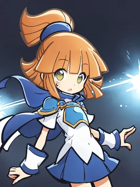 <lora:arle:0.8:ALL> kawaii arle nadja petite cute 1girl yellow eyes brown hair,half updo short topknot +++ blue skirt, blue short sleeves, blue breast armor, white shirt, wrist cuffs blue capelet blue boots +++ whiskers, +++ best quality, high detailed, anime coloring game cg contrapposto ++ Faint lips,UC:realistic cute anime face cinematic angle Girl at the front single focus dynamic pose