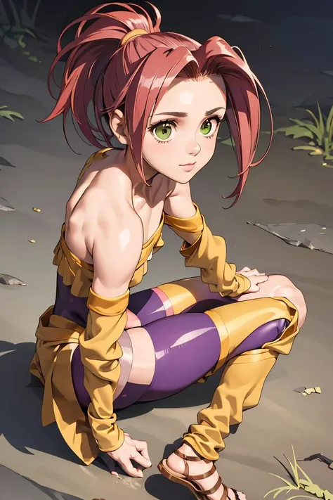 (masterpiece, best quality), 1girl, <lora:Legaia_Noa:0.8> LegaiaNoa, ponytail, unitard, bare shoulders, detached sleeves, leg warmers, sandals, single glove, gauntlets
