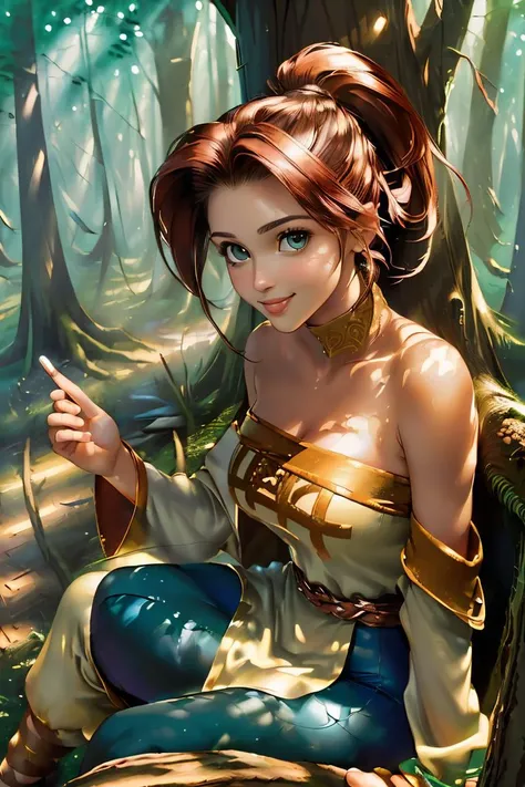 (masterpiece, best quality, ultra detailed, beautiful illustration), (oil painting:1.4), atmospheric perspective, (fantasy atmosphere, elaborate atmosphere:1.4), depth of field, looking at viewer, beautiful detailed eyes, 1girl, (portrait, close-up:1.3), sexy pose, dynamic angle, smile, :d, (huge breasts:1.2), (outdoors:1.5, forest:1.5, giant tree:1.5, sitting:1.5, leaning against tree:1.5), white wolf, <lora:Legaia_Noa:0.8>, LegaiaNoa, ponytail, unitard, bare shoulders, detached sleeves, leg warmers, sandals, single glove, gauntlets