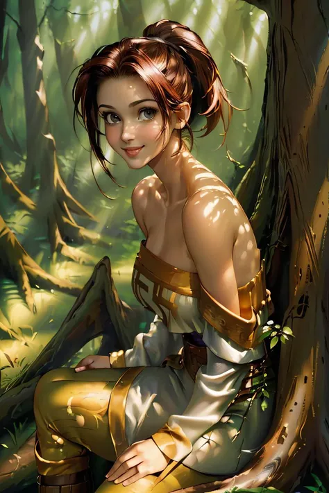 (masterpiece, best quality, ultra detailed, beautiful illustration), (oil painting:1.4), atmospheric perspective, (fantasy atmosphere, elaborate atmosphere:1.4), depth of field, looking at viewer, beautiful detailed eyes, 1girl, (portrait, close-up:1.3), sexy pose, dynamic angle, smile, :d, (huge breasts:1.2), (outdoors:1.5, forest:1.5, giant tree:1.5, sitting:1.5, leaning against tree:1.5), white wolf, <lora:Legaia_Noa:0.8>, LegaiaNoa, ponytail, unitard, bare shoulders, detached sleeves, leg warmers, sandals, single glove, gauntlets