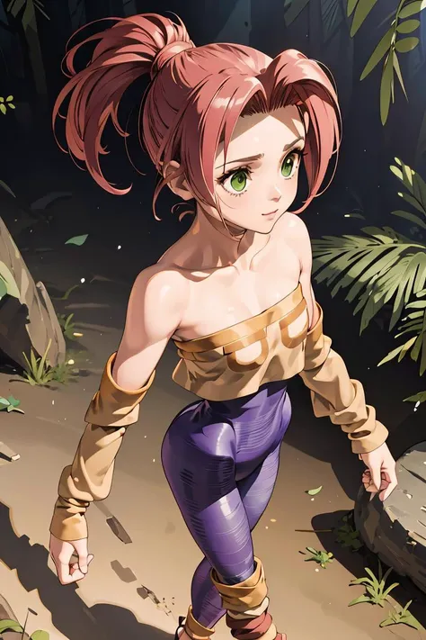(masterpiece, best quality), 1girl, <lora:Legaia_Noa:0.8> LegaiaNoa, ponytail, unitard, bare shoulders, detached sleeves, leg warmers, sandals, single glove, gauntlets