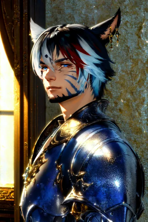 <lyco:MiqoteUpdate:.8> , 1boy, male focus, Miqote, (masterpiece, best quality, ultra-detailed, highres), perfect face, sidelighting, lustrous skin,(bloom), (shine), lighting, ray tracing, animal ears, male focus, miqo'te, 1boy, multicolored hair, solo, two-tone hair, cat ears, facial hair, earrings, black hair, jewelry, upper body, facial mark, white hair, looking at viewer, cat boy, short hair, heterochromia, blue eyes, armor, bangs, slit pupils, indoors, chainmail, shoulder armor, beard, wall, closed mouth, grey eyes, scar on face, single earring, white eyes, depth_of_field, very detailed background, highly detailed background, Masterpiece, Ultra detailed, great composition,Dynamic angle, handsome, final fantasy xiv, ffxiv, (Highest picture quality), (Master's work), depth of field, solo, extreme light and shadow, masterpiece, rich in detail, (fine features), (highest quality), (masterpiece), (detailed eyes), (beautiful) detailed,beautiful detailed eyes,(extremely detailed CG unity 8k wallpaper),(masterpiece), (best quality), (ultra-detailed), (best illustration),(best shadow),perfect lighting , perfect anatomy , vivid colors,