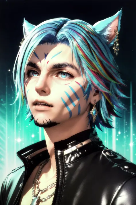 <lora:MiqoteUpdate:.8> , 1boy, male focus, Miqote, (masterpiece, best quality, ultra-detailed, highres), perfect face, sidelighting, lustrous skin,(bloom), (shine), lighting, ray tracing, miqo'te, jewelry, animal ears, solo, 1boy, male focus, blue hair, heterochromia, earrings, facial hair, necklace, facial mark, cat ears, red eyes, blue eyes, beard, portrait, teeth, chain, flower, black background, fangs, short hair, cat boy, jacket, simple background, dark background, realistic, multicolored hair, open mouth, depth_of_field, very detailed background, highly detailed background, Masterpiece, Ultra detailed, great composition,Dynamic angle, handsome, final fantasy xiv, ffxiv, (Highest picture quality), (Master's work),   depth of field, solo, extreme light and shadow, masterpiece, rich in detail, (fine features), (highest quality), (masterpiece), (detailed eyes), (beautiful) detailed,beautiful detailed eyes,(extremely detailed CG unity 8k wallpaper),(masterpiece), (best quality), (ultra-detailed), (best illustration),(best shadow),perfect lighting , perfect anatomy , vivid colors, <lora:beautifulDetailedEyes_v10:.2> <lora:colorfulStyle_v1:.2> <lora:animeTarotCardArtStyleLora_v20Offset:.5> <lora:cosmicRainbow_v1:.2> <lora:iridescentHairLORA_v1:.3> <lora:lightAndShadow_v10:.3>