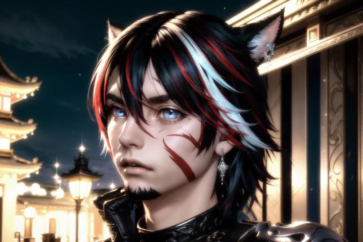 <lora:MiqoteUpdate:.7> <lora:shadedFaceEyesIn_shadedFace:.2> , 1boy, male focus, Miqote, (masterpiece, best quality, ultra-detailed, highres), perfect face, sidelighting, lustrous skin,(bloom), (shine), lighting, ray tracing, animal ears, 1boy, miqo'te, red hair, cat ears, outdoors, male focus, multicolored hair, facial mark, gloves, solo, tree, two-tone hair, cat boy, architecture, facial hair, short hair, looking at viewer, east asian architecture, sky, black hair, day, building, weapon, black gloves, fingerless gloves, hair between eyes, earrings, blue eyes, jewelry, tail, cat tail, cloud, whisker markings, red eyes, slit pupils, holding, bangs, beard, blue sky, open mouth, depth_of_field, very detailed background, highly detailed background, Masterpiece, Ultra detailed, great composition,Dynamic angle, handsome, final fantasy xiv, ffxiv, (Highest picture quality), (Master's work),   depth of field, solo, extreme light and shadow, masterpiece, rich in detail, (fine features), (highest quality), (masterpiece), (detailed eyes), (beautiful) detailed,beautiful detailed eyes,(extremely detailed CG unity 8k wallpaper),(masterpiece), (best quality), (ultra-detailed), (best illustration),(best shadow),perfect lighting , perfect anatomy , vivid colors, <lora:beautifulDetailedEyes_v10:.2> <lora:colorfulStyle_v1:.2> <lora:animeTarotCardArtStyleLora_v20Offset:.2> <lora:cosmicRainbow_v1:.2> <lora:iridescentHairLORA_v1:.3> <lora:lightAndShadow_v10:.3> <lora:styleJelly_v10:.3>