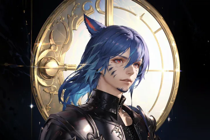 <lora:MiqoteUpdate:.7> <lora:lightAndShadow_v10:.3> <lora:shadedFaceEyesIn_shadedFace:.2> , Miqote, (masterpiece, best quality, ultra-detailed, highres), perfect face, sidelighting, lustrous skin,(bloom), (shine), lighting, ray tracing,solo, 1boy, male focus, animal ears, cosplay, cat ears, multicolored hair, two-tone hair, green hair, miqo'te, heart, purple hair, blue hair, facial mark, ribbon, heart background, armor, sleeveless, shoulder armor, upper body, arm ribbon, braid, ponytail, cat boy, , red eyes, realistic, hair bun, zipper, depth_of_field, very detailed background, highly detailed background, Masterpiece, Ultra detailed, great composition,Dynamic angle, handsome, final fantasy xiv, ffxiv, (Highest picture quality), (Master's work),   depth of field, solo, extreme light and shadow, masterpiece, rich in detail, (fine features), (highest quality), (masterpiece), (detailed eyes), (beautiful) detailed,beautiful detailed eyes,(extremely detailed CG unity 8k wallpaper),(masterpiece), (best quality), (ultra-detailed), (best illustration),(best shadow),perfect lighting , perfect anatomy , vivid colors, fantasy digital art,