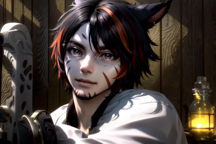 <lora:beautifulDetailedEyes_v10:.3> <lora:MiqoteUpdate:.7> <lora:styleJelly_v10:.3> <lora:lightAndShadow_v10:.5> <lora:shadedFaceEyesIn_shadedFace:.3> , Miqote, (masterpiece, best quality, ultra-detailed, highres), perfect face, sidelighting, lustrous skin,(bloom), (shine), lighting, ray tracing, sci-fi, solo, 1boy, male focus, solo, facial hair, animal ears, jacket, cat ears,multicolored hair, red hair, miqo'te, black hair, wooden wall, facial mark, outstretched arms, pants, two-tone hair, beard, tail, cat boy, letterman jacket, cat tail, contemporary, smile, red eyes, depth_of_field, very detailed background, highly detailed background, Masterpiece, Ultra detailed, great composition,Dynamic angle,[Bottle bottom],(wide shot), extremely delicate and beautiful,(Highest picture quality), (Master's work),   depth of field, solo, extreme light and shadow, masterpiece, rich in detail, (fine features), (highest quality), (masterpiece), (detailed eyes), (beautiful) detailed,beautiful detailed eyes,(straight-on),(extremely detailed CG unity 8k wallpaper),(masterpiece), (best quality), (ultra-detailed), (best illustration),(best shadow),perfect lighting , perfect anatomy , vivid colors,