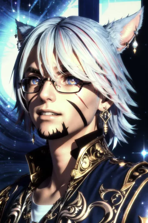 <lora:MiqoteUpdate:.8> , 1boy, male focus, Miqote, (masterpiece, best quality, ultra-detailed, highres), perfect face, sidelighting, lustrous skin,(bloom), (shine), lighting, ray tracing, animal ears, miqo'te, solo, 1boy, male focus, earrings, jewelry, cat ears, slit pupils, facial mark, smile, scar, looking at viewer, scar on face, short hair, portrait, cat boy, white hair, blonde hair, dark skin, hair over one eye, upper body, grin, bangs, glasses, curtains, piercing, swept bangs, dark-skinned male, parted lips, scar across eye, scar on nose, ear piercing, teeth, depth_of_field, very detailed background, highly detailed background, Masterpiece, Ultra detailed, great composition,Dynamic angle, handsome, final fantasy xiv, ffxiv, (Highest picture quality), (Master's work),   depth of field, solo, extreme light and shadow, masterpiece, rich in detail, (fine features), (highest quality), (masterpiece), (detailed eyes), (beautiful) detailed,beautiful detailed eyes,(extremely detailed CG unity 8k wallpaper),(masterpiece), (best quality), (ultra-detailed), (best illustration),(best shadow),perfect lighting , perfect anatomy , vivid colors, <lora:beautifulDetailedEyes_v10:.2> <lora:colorfulStyle_v1:.2> <lora:animeTarotCardArtStyleLora_v20Offset:.5> <lora:cosmicRainbow_v1:.2> <lora:iridescentHairLORA_v1:.3> <lora:lightAndShadow_v10:.3>