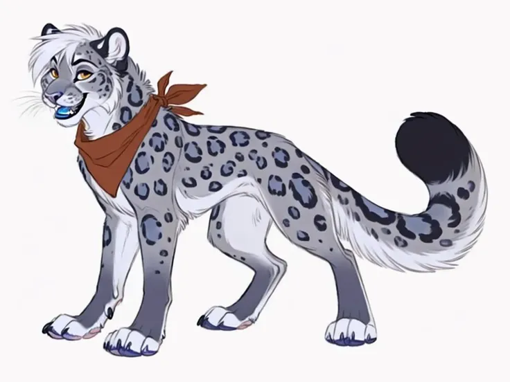 solo, mammal, scarf, snow leopard, pantherine, felid, fur, whiskers, white hair, feral, simple background, spots, hair, white fur, white background, clothing, white body, tongue, paws, ambiguous gender, male, stripes, digital media (artwork), orange eyes, pink nose, fluffy, hi res, blue fur, open mouth, standing, anthro, spotted fur, pawpads, tuft, smile, grey fur, feet, spotted body, 4 toes, looking at viewer, toes, purple fur, fluffy tail, multicolored fur, claws, facial tuft, cheek tuft, grey body, clothed, teeth, blue nose, purple body, blue body, markings, bandanna, kerchief, blue tongue, black nose, multicolored body, by luxe, <lora:luxe_3:1>