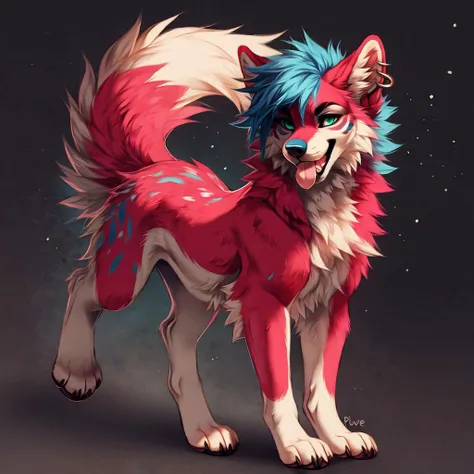 by princelykaden, [by falvie], by luxe, solo, mammal, full body, fur, stripes, feral, tongue, hair, hi res, open mouth, teeth, digital media (artwork), felid, red body, pink fur, red fur, pink body, fangs, blue eyes, ambiguous gender, tuft, claws, blue nose, male, eyebrows, hybrid, markings, simple background, star, paws, smile, pantherine, piercing, multicolored fur, abstract background, black lips, inner ear fluff, fluffy, mane, blue fur, blue hair, multicolored body, feet, looking at viewer, green eyes, ear piercing, signature, tongue out, toes, tan fur, canid, absurd res, anthro, canine, tan body, <lora:luxe_2_:0.8>