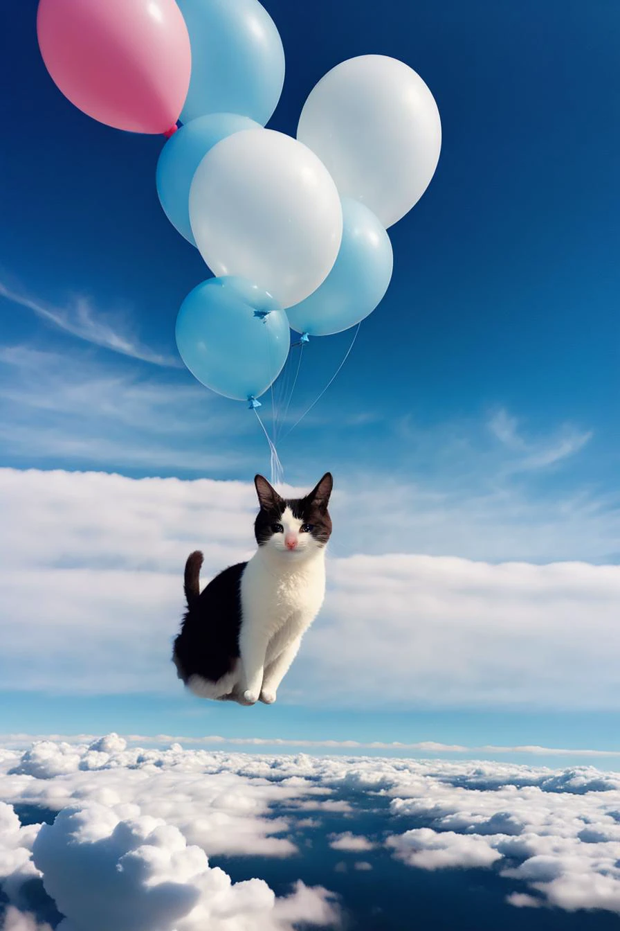 <lora:Fly-10:1>, FLY, FLOATING, holding BALLOONS, ABOVE CLOUDS, SCENERY, , <lora:SadCatMeme_V10:0.9> sadcatmeme, 1 cat hanging