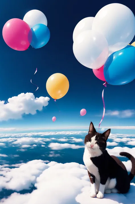 <lora:Fly-10:0.1>, FLY, FLOATING, holding BALLOONS, ABOVE CLOUDS, SCENERY, , <lora:SadCatMeme_V10:0.9> sadcatmeme, 1 cat