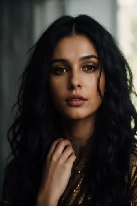 photoshoot of nas, (dark hair), (wavy long hair), , detailed skin texture, (blush:0.2), (goosebumps:0.3), (black queen dress), subsurface scattering, Photorealistic, Hyperrealistic, Hyperdetailed, analog style, hip cocked, demure, detailed skin, matte skin, soft lighting, subsurface scattering, realistic, heavy shadow, masterpiece, best quality, ultra realistic, 8k, golden ratio, Intricate, High Detail, film photography, soft focus, <lora:NaomiScott-RealVision-V1.0:1>