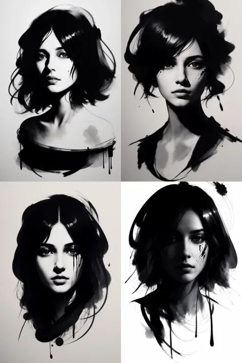 Ink and Shadows: An abstract character portrait of a brooding and enigmatic female nas figure, created with ink splatters and dynamic brushstrokes. The shadows play with her features, leaving an air of mystery and allure. The artist's use of abstract ink techniques adds depth and complexity to the character's persona. <lora:NaomiScott-RealVision-V1.0:1>